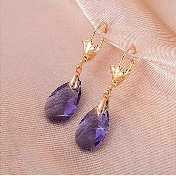 14K Yellow Gold with Tanzanite Austrian Crystal Teardrop Leverback Drop Earrings - Picture 2 of 5